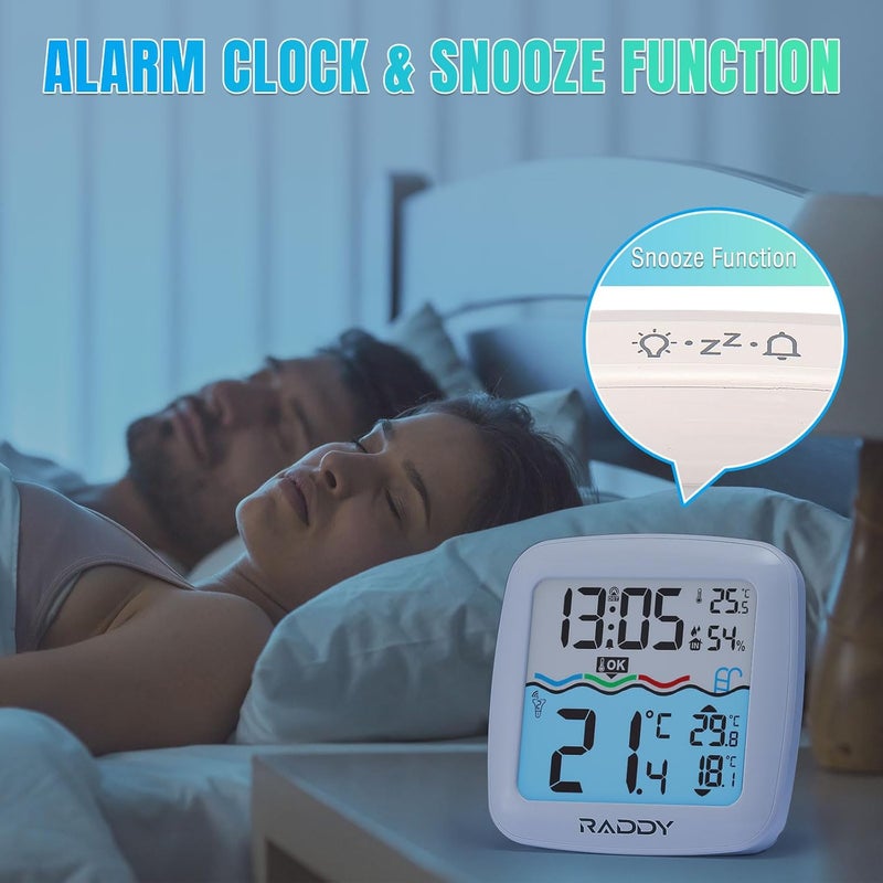 Raddy PT-5 TN Wireless Pool Thermometer Floating Easy Read, IPX8 Waterproof Digital Thermometer with Indoor Temperature Humidity Monitor, Alarm Clock, Solar & Battery Powered for Spa, Pond, Aquarium - Image 3